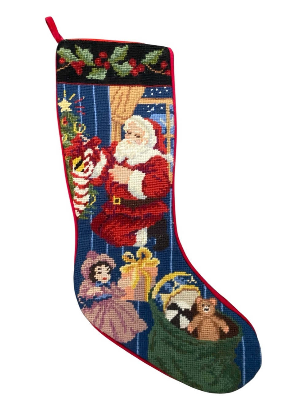 Vintage Needlepoint Santa With Toys Christmas Stocking Decor Retro Holiday